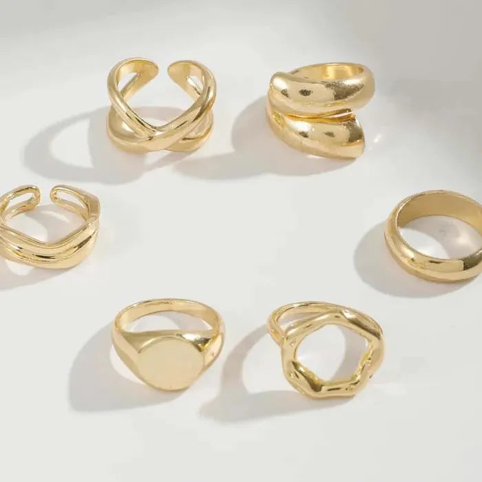 6Pcs Gold Geometric Open Mood Tracker Rings Set for Women Fashion Jewelry