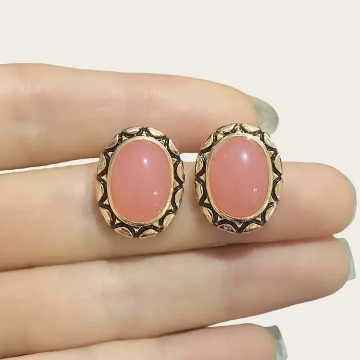 Retro Natural Rouge Pink Gemstone Earrings Zinc Alloy Arabic Ethnic Style Jewelry