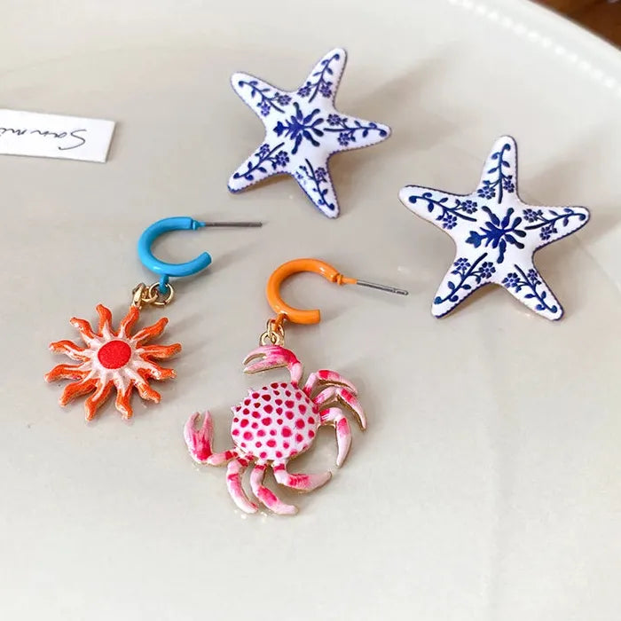 Crab Sunflower Zinc Alloy Drop Earrings for Women Summer Beach Gift