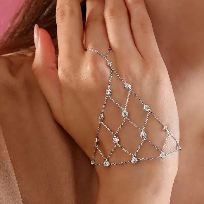 Bohemian Gold Mesh Hand Chain Bracelet Ring for Women Copper Rhinestone Bridal Gift