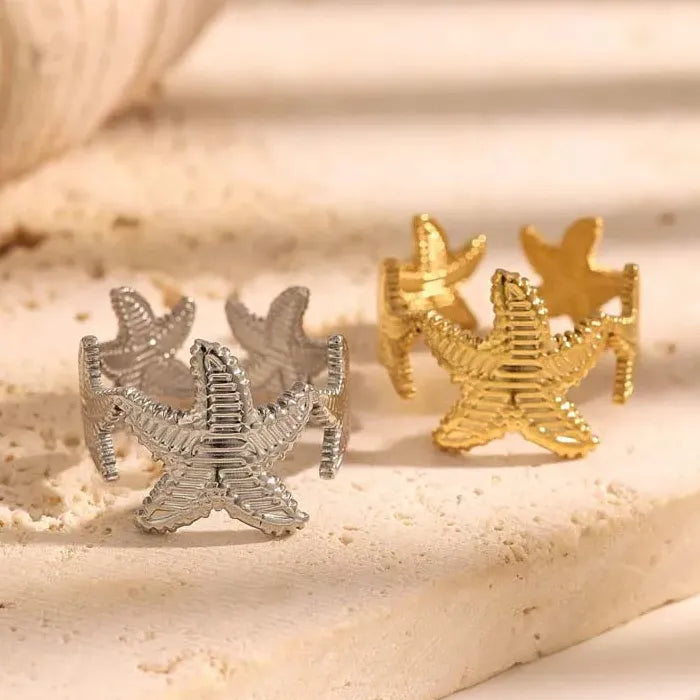 Adjustable Stainless Steel Gold Starfish Ring for Women Fashion Jewelry Gift