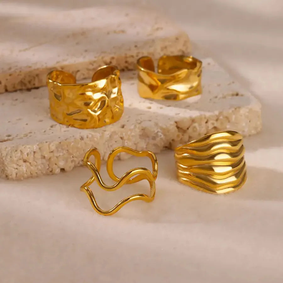 Gold Stainless Steel Irregular Geometric Chunky Wedding Band Ring for Women