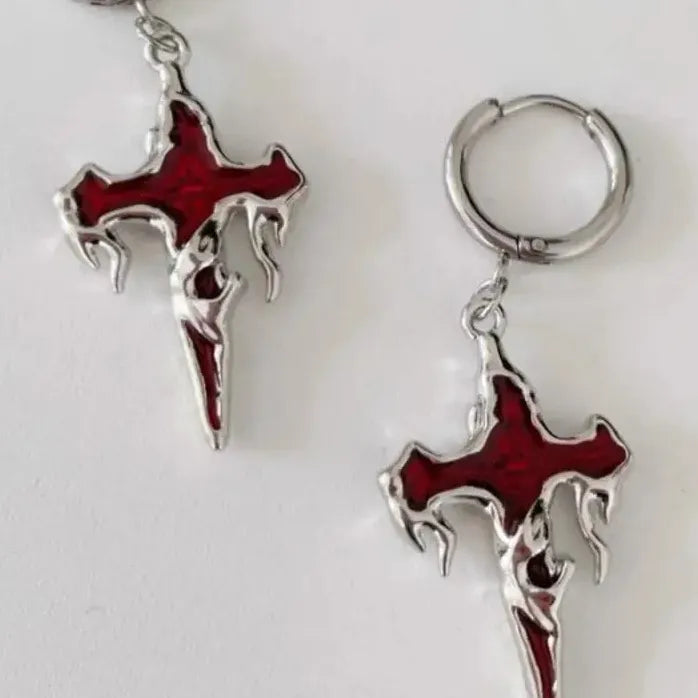 Neo-Gothic Red Flame Cross Earrings Women Hip Hop Y2K Statement Jewelry