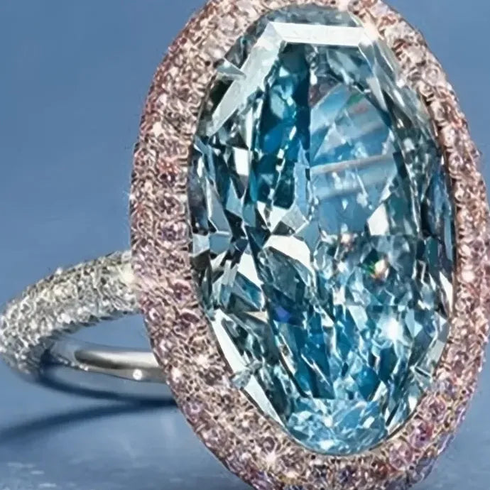 Large Oval Blue Cubic Zirconia Ring for Women Wedding Party Brass Jewelry