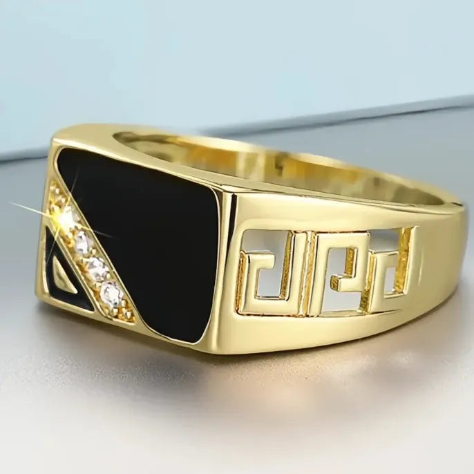 Gold Brass Women’s Wedding Band Ring Black Glaze Cubic Zirconia Hollow-Out
