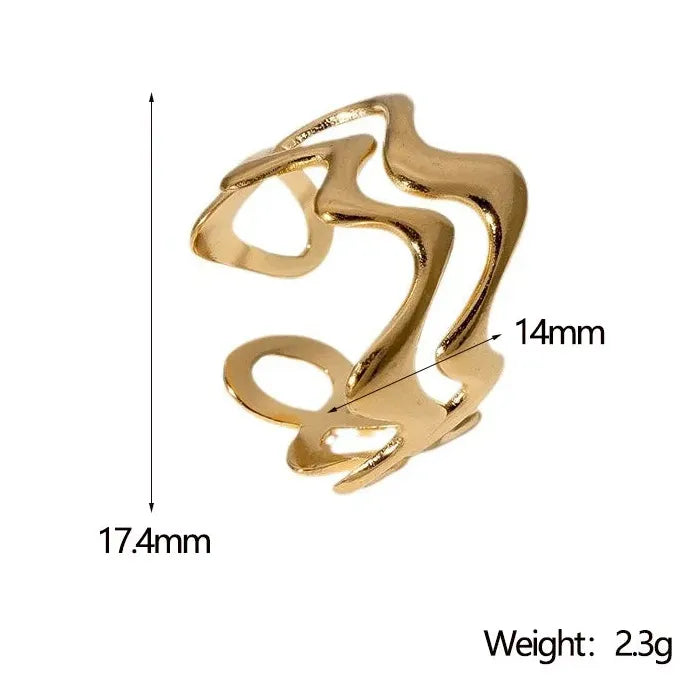 Adjustable Stainless Steel Gold Wave Ring for Women Men Geometric Jewelry