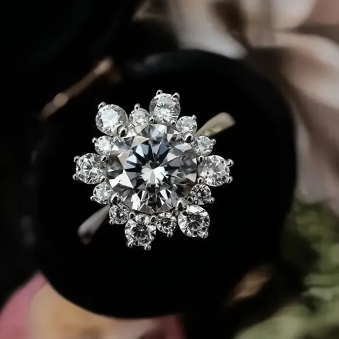 Sunflower CZ Iced Out Silver Wedding Band Ring for Women Bridal Jewelry