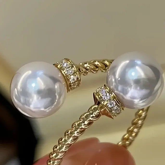 Temperament Double Imitation Pearl Twist Open Ring Gold Color Band Women’s Wedding Fashion Jewelry 2023