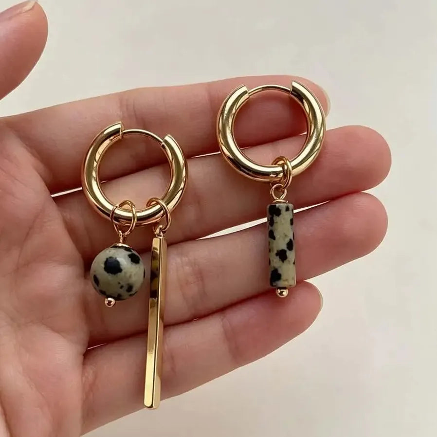 Retro Geometric Asymmetric Hoop Earrings Stone Beading Gift Jewelry