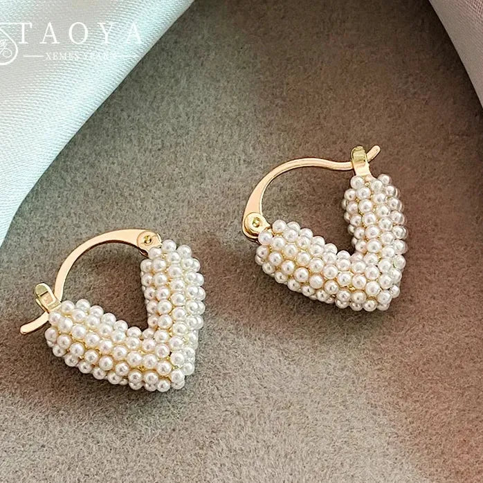 Pearl Heart Shaped Hoop Earrings Copper Alloy Elegant Jewelry for Women 2024