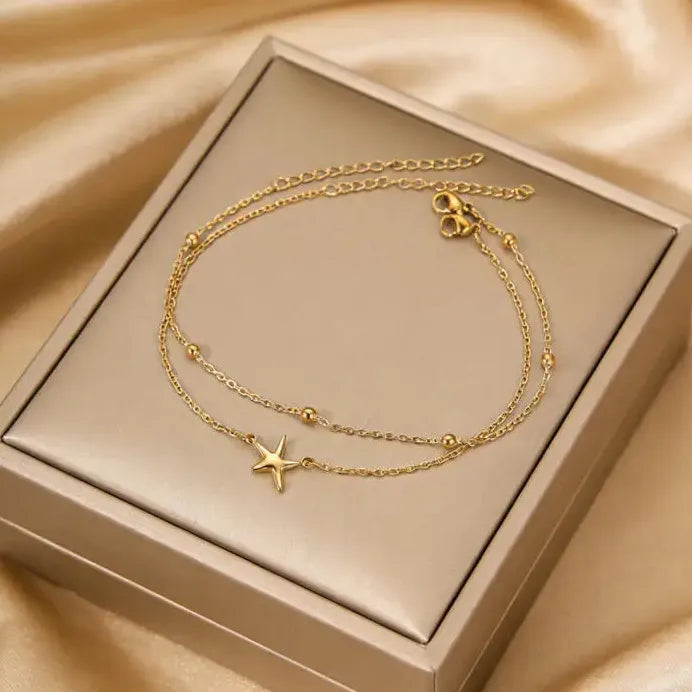 2Pcs Stainless Steel Star Double-Layer Waterproof Anklets for Women