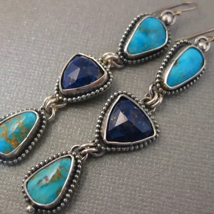 Vintage Triangle Blue Green Stone Drop Earrings Bohemian Ethnic Zinc Alloy Dangle