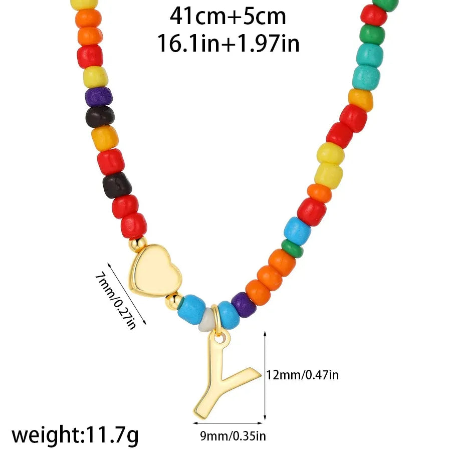 18k Gold Plated Alphabet Letter Pendant Necklace Beads Mini Heart Choker Women