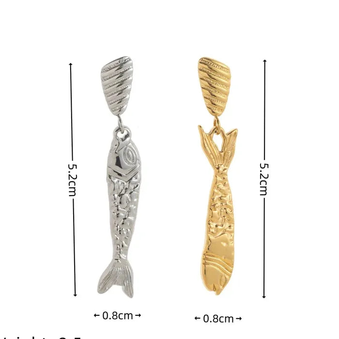 Retro Titanium Steel Fish Drop Earrings Long Gold-Plated Jewelry
