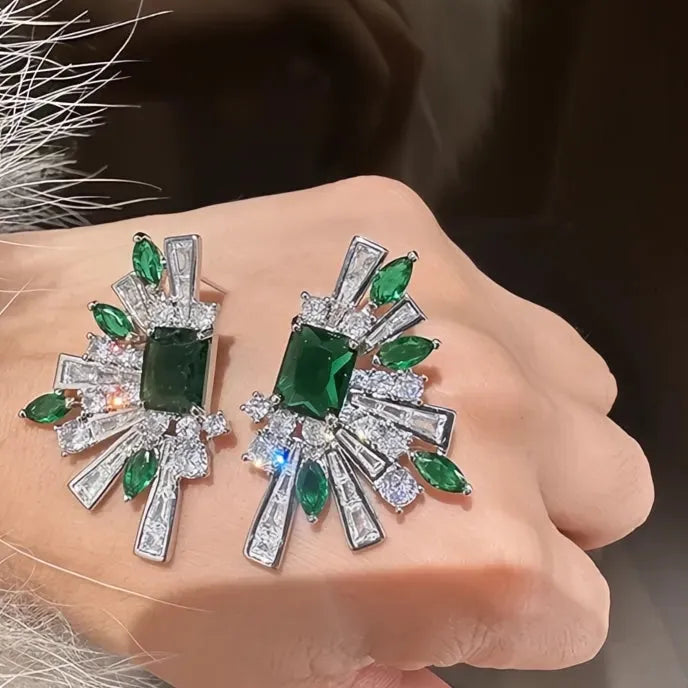 Luxury Women Geometric Copper Alloy Stud Earrings Inlaid Green White CZ Jewelry Gift