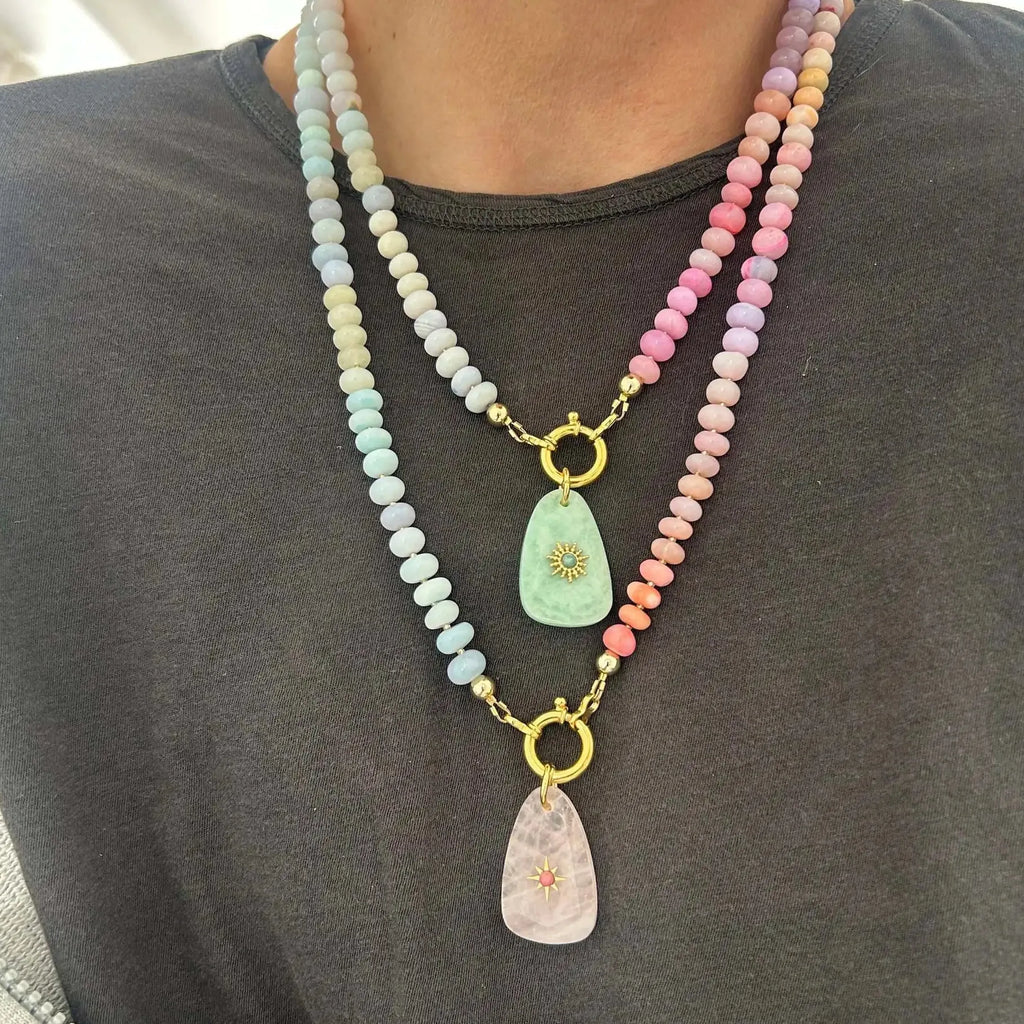 Handmade Multi Colored Rice Bead Natural Stone Geometric Pendant Choker Necklace