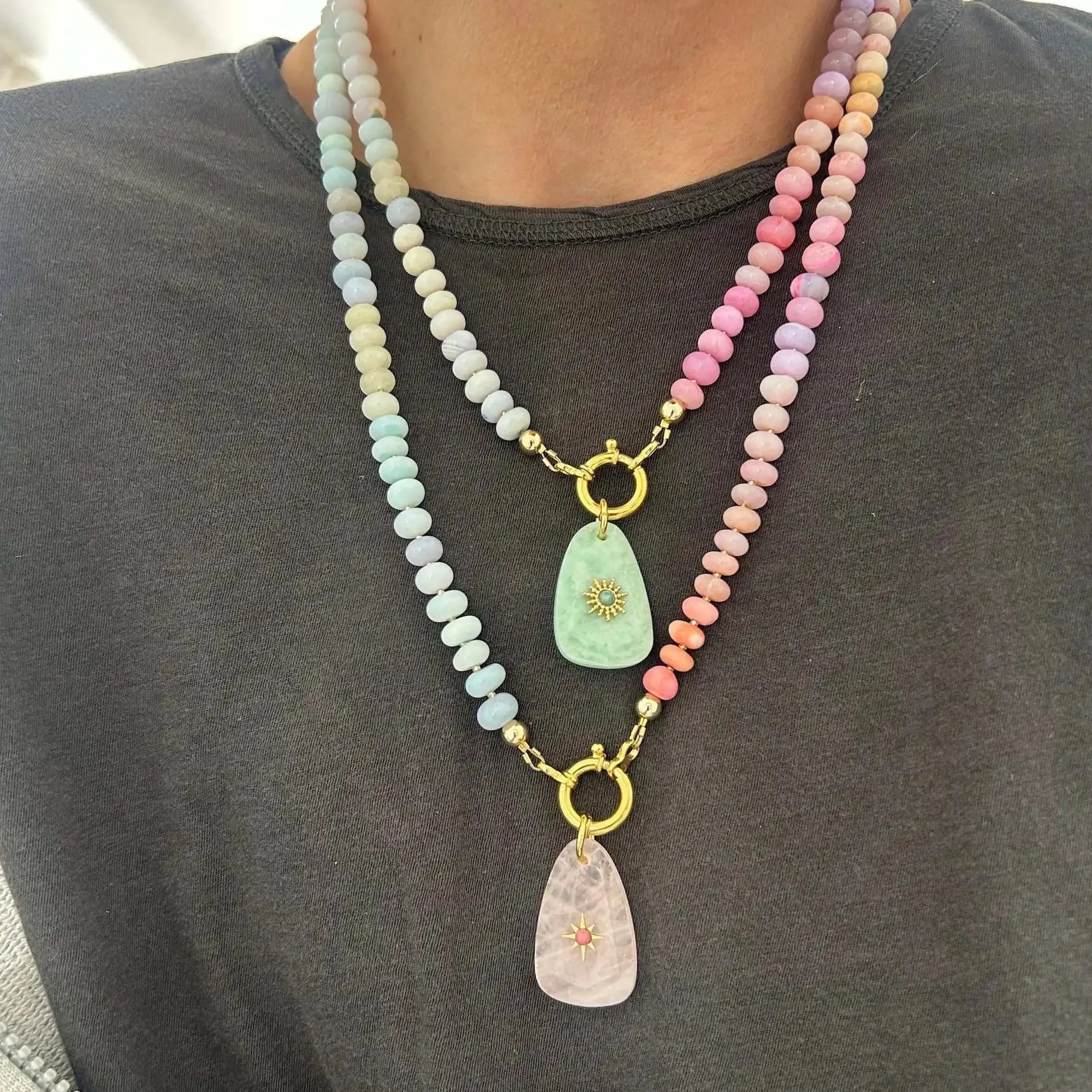 Handmade Multi Colored Rice Bead Natural Stone Geometric Pendant Choker Necklace