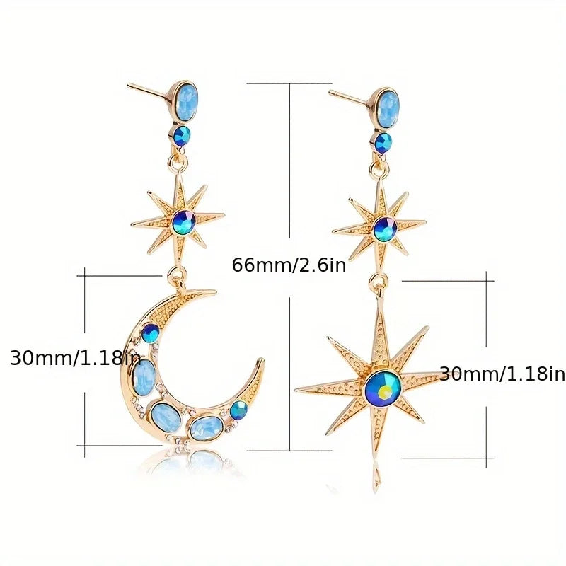 925 Sterling Silver Asymmetric Star Moon Dangle Earrings – Elegant Women’s Wedding Jewelry
