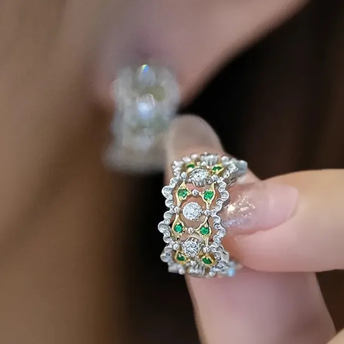 Two Tone Copper Alloy Hoop Earrings with Green Cubic Zirconia for Wedding Party