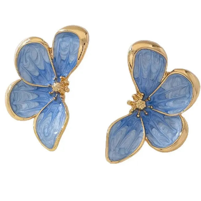 Vintage Blue Flower Drop Oil Stud Earrings for Women Nature Jewelry