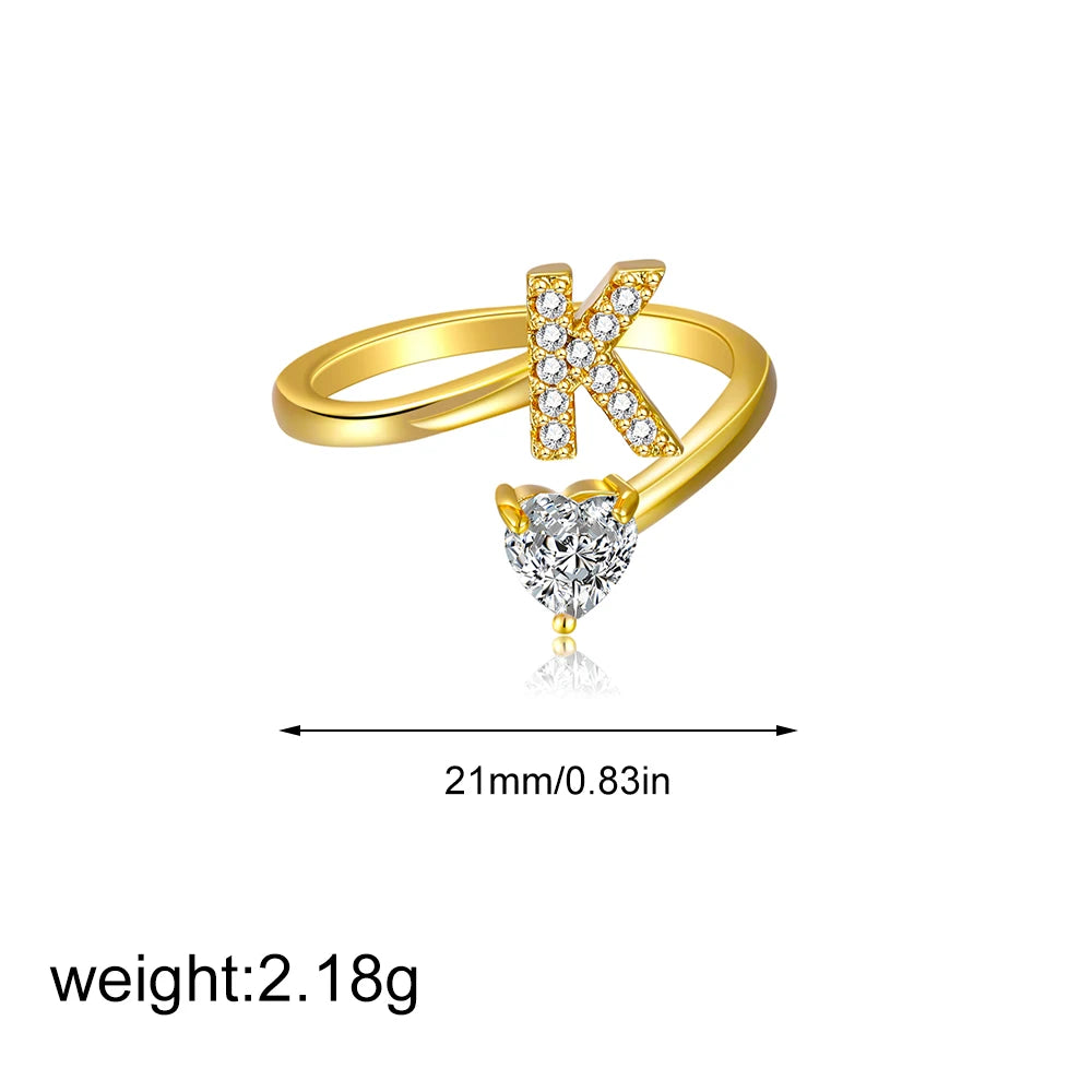 Polished Gold Plated Copper A-Z Letter Initial Ring with Zircon Heart Wedding Jewelry