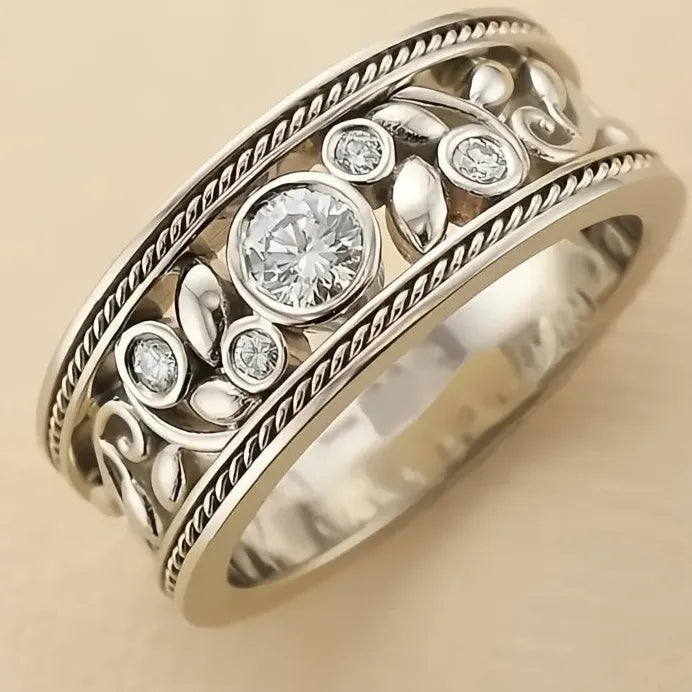 Silver Tone Cubic Zirconia Geometric Leaf Design Ring for Women Party