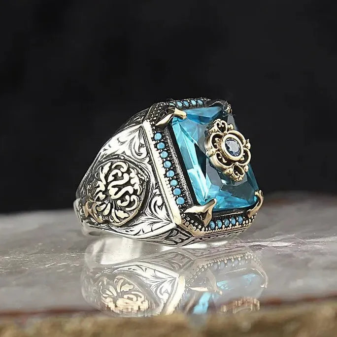 Retro Handmade Turkish Men’s Silver Zinc Alloy Ring with Zircon Inlay