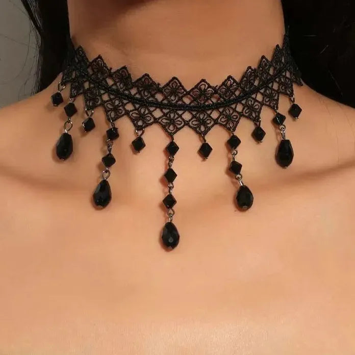 Punk Gothic Black Lace Crystal Flower Choker Necklace for Women Jewelry