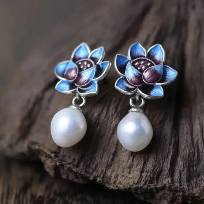 Blue Flower Pearl Stud Earrings for Women 2024 Vintage Zinc Alloy Jewelry