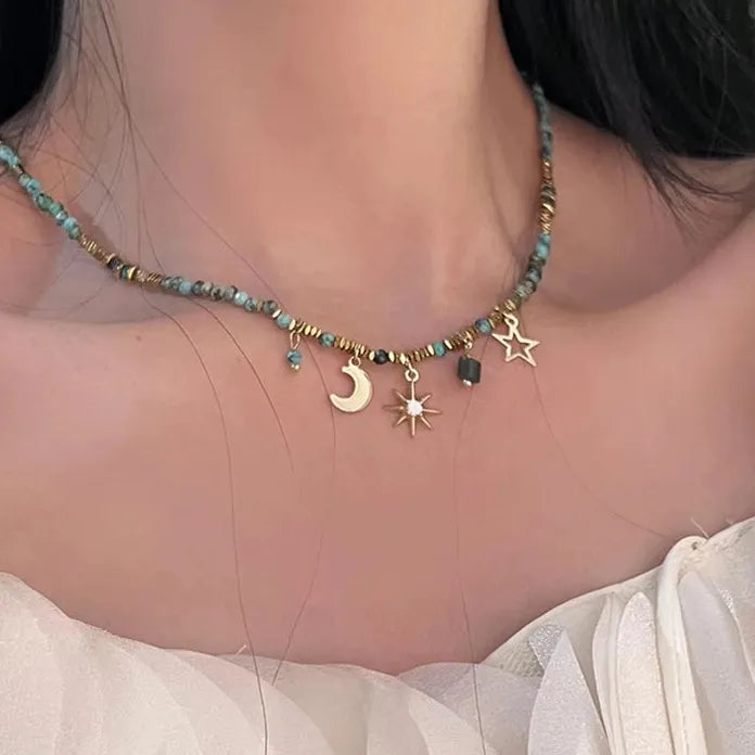 2026 Colored Bead Metal Chain Necklace Women Sun Moon Light Jewelry Gift