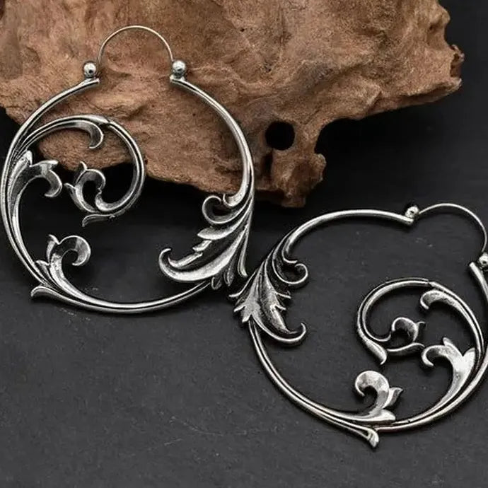 Vintage Silver Copper Metal Carved Geometric Spiral Drop Earrings Women
