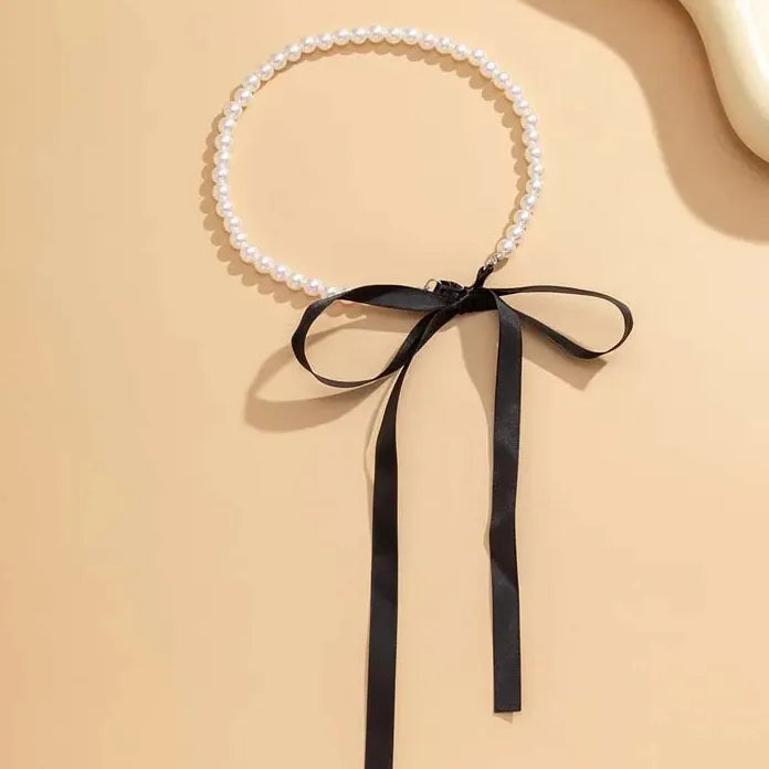 Punk Gothic Black Ribbon Bowknot Choker Necklace White Pearl Clavicle Y2K Jewelry Women