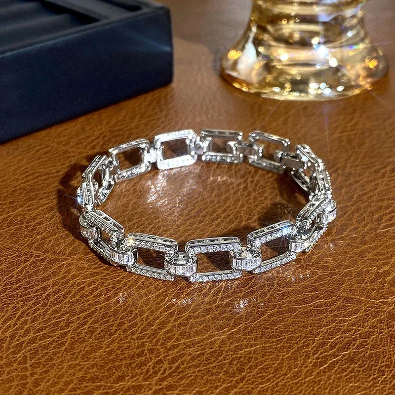 Cubic Zirconia Silver Cuban Chain Bracelet with Geometric Design for Women