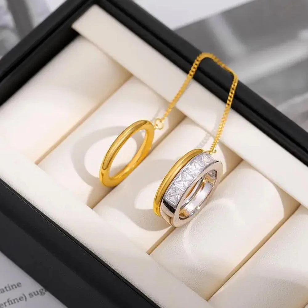 18K Gold Plated Stainless Steel Chain Finger Ring with Zircon for Women Vintage Jewelry