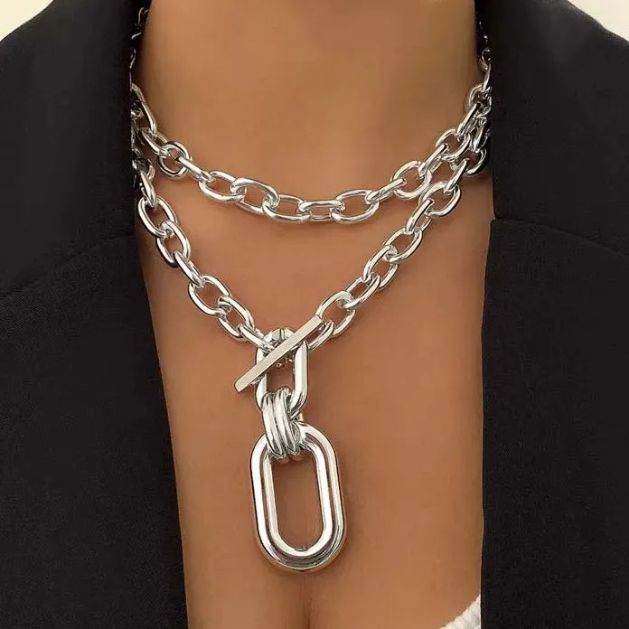 Gold Color Large Elliptical Geometric Pendant Necklace Chunky Chain Gift