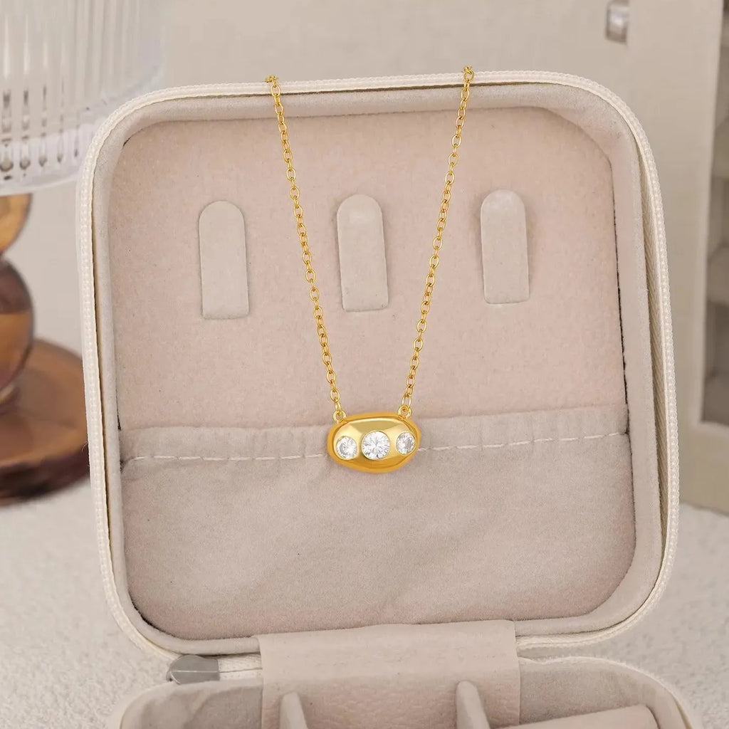 Geometric Oval Cubic Zirconia Stud Earrings and White Crystal Pendant Necklace