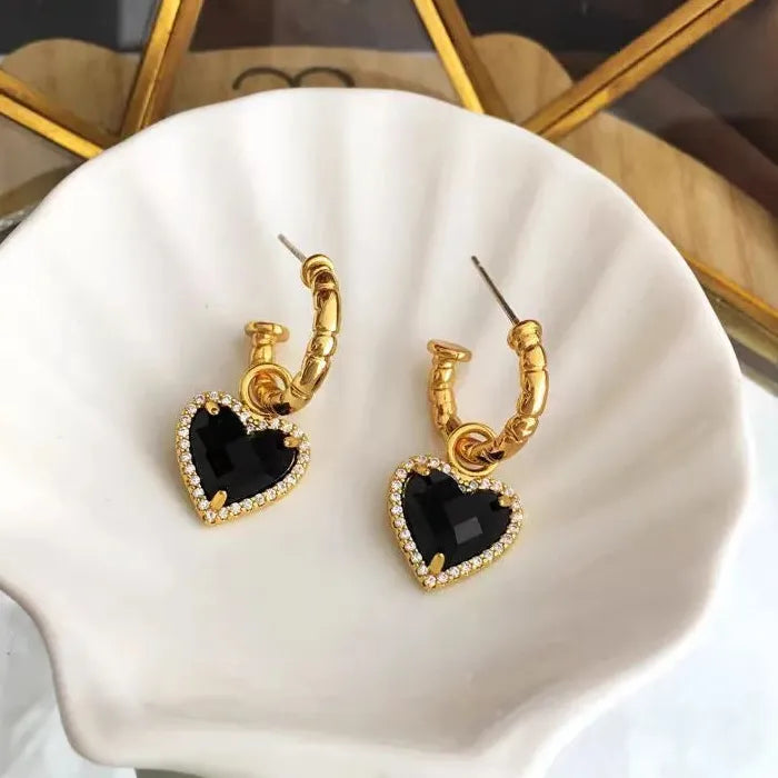Love Heart Zircon Drop Earrings for Women Black Zinc Alloy Jewelry