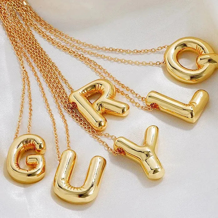 Gold Plated Stainless Steel Chunky Bubble Letter Initial Pendant Necklace