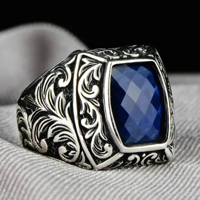 Vintage Punk Geometric Blue Zinc Alloy Men's Ring Luxury Anniversary Wedding Jewelry