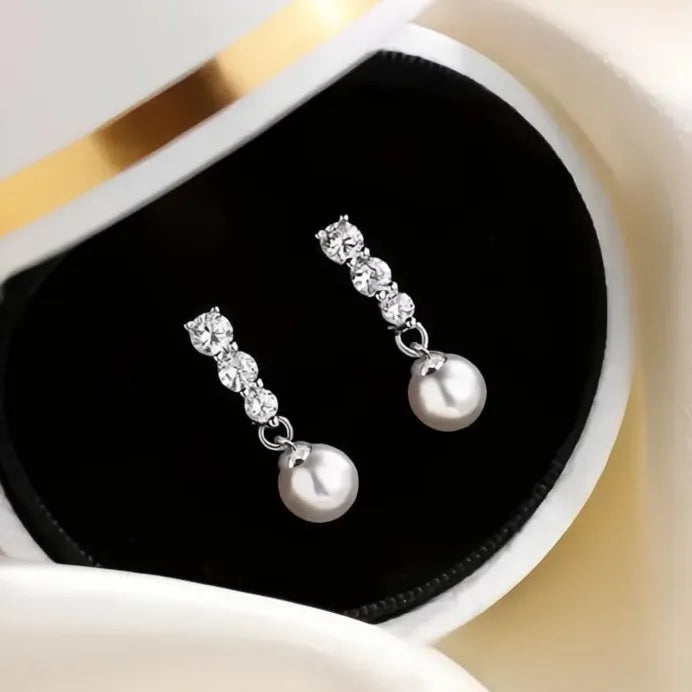 Elegant Geometric Simulated Pearl Drop Earrings with Cubic Zirconia for Women