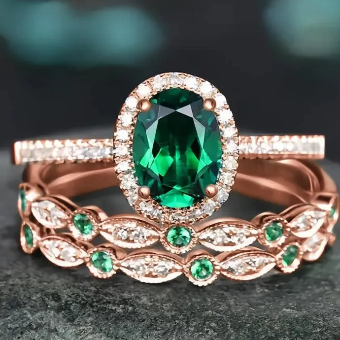 Luxury 3-Piece Green Cubic Zirconia Brass Wedding Ring Set Bridal Jewelry