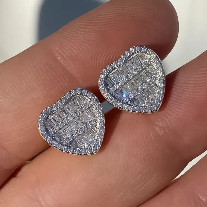 Heart Shaped Women Stud Earrings Silver Tone Cubic Zirconia Gift