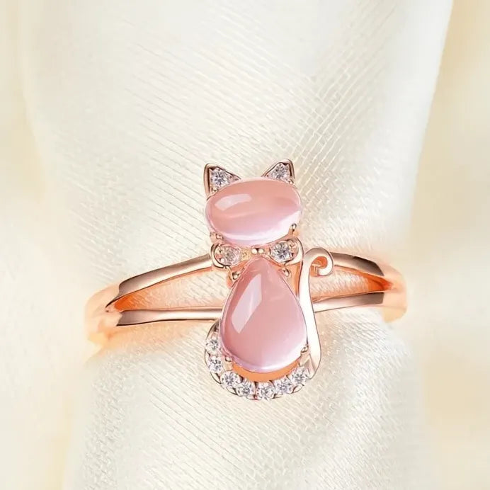 Trendy Pink Cat Cubic Zirconia Brass Ring for Women Girls Party Gift