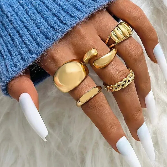 5Pcs Adjustable Vintage Gold Chain Pattern Fashion Rings for Women