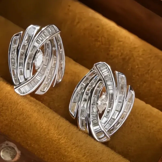 Geometric Square Cubic Zirconia Stud Earrings Silver Color Copper Alloy Jewelry