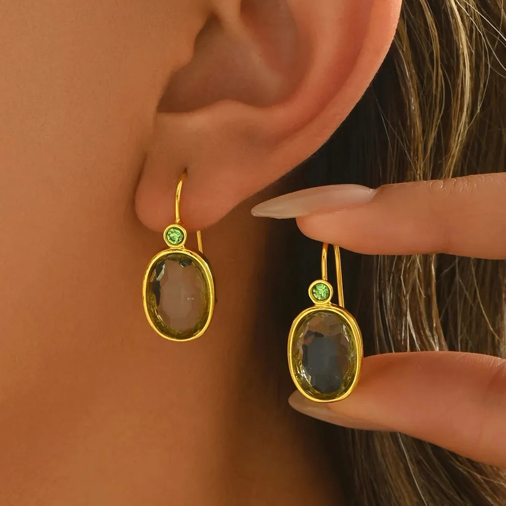 Creative Gold Oval Green Stone Drop Earrings for Women Zinc Alloy Jewelry Gift
