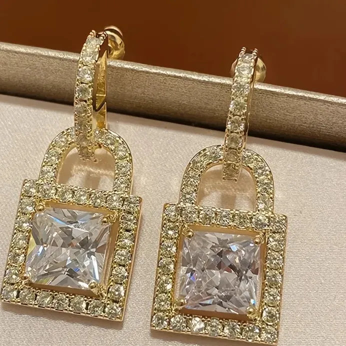 Gold Lock Drop Earrings with Shiny Cubic Zirconia for Women