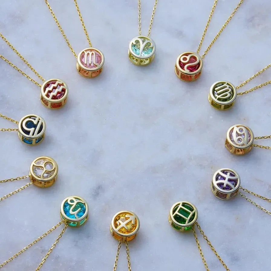 Stainless Steel 12 Constellation Crystal Pendant Necklace Women Birthstone Choker Waterproof Hollow Circle Jewelry
