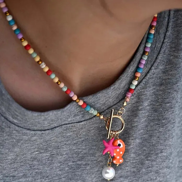 Ceramic Fish Pendant Necklace for Women Girls Bohemian Colorful Beaded Chain Jewelry