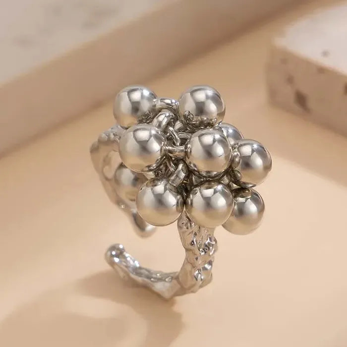 Vintage Adjustable Gold Metal Beads Open Ball Rings for Women Fashion Jewelry